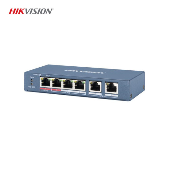 Hikvision DS-3E0106HP-E 4 Port Fast Ethernet Unmanaged PoE Switch - 300m Uzun Menzilli PoE, VIP Port, 6KV Koruma Hikvision DS-3E0106HP-E 4 Port Fast Ethernet Unmanaged PoE Switch - 300m Uzun Menzilli PoE, VIP Port, 6KV Koruma