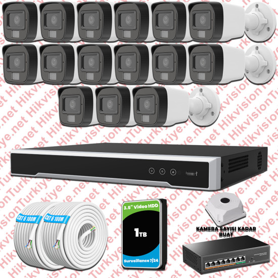 Hikvision 15 Kameralı IP Set Renkli Gece Görüşlü Mikrofonlu 2MP