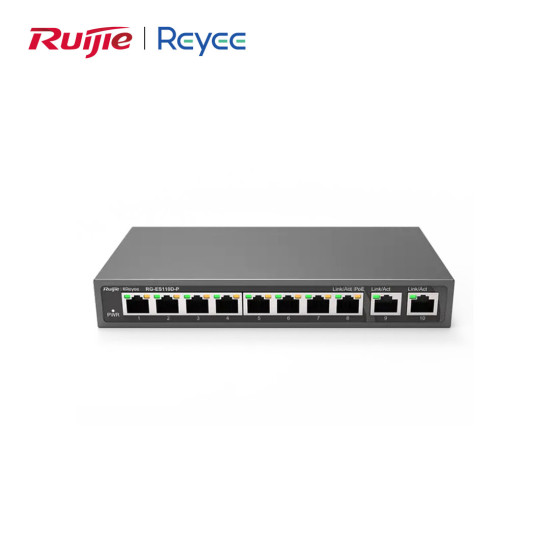 Reyee RG-ES110D-P 10 Portlu PoE Switch – 8x 10/100Mbps PoE+, 2x Gigabit Uplink, 110W, Tak Çalıştır, Yönetilmeyen Reyee RG-ES110D-P 10 Portlu PoE Switch – 8x 10/100Mbps PoE+, 2x Gigabit Uplink, 110W, Tak Çalıştır, Yönetilmeyen